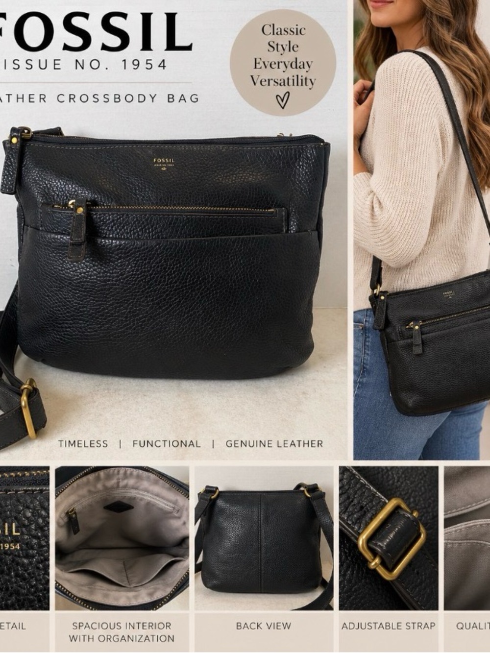 Fossil Black Pebbled Leather Crossbody Bag Issue No. 1954 Gold Tone